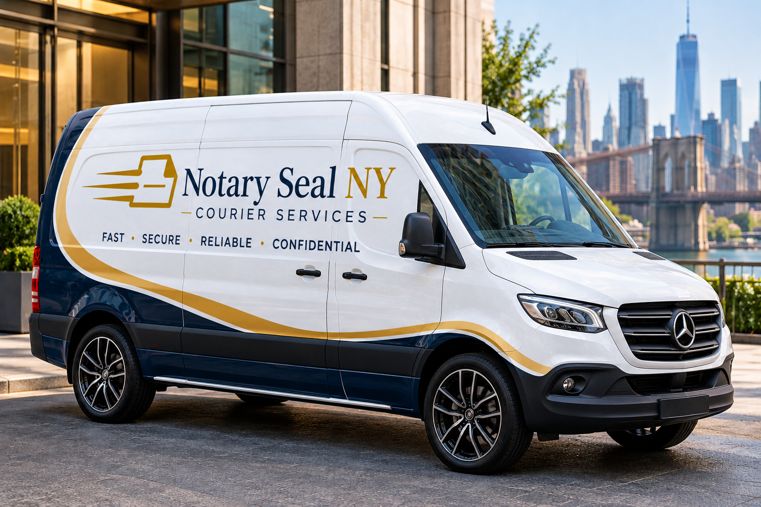Notary Seal NY courier vehicle with New York City skyline